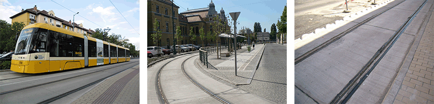 Fiber reinforced concrete track slab at the Szeged electrified tramway.